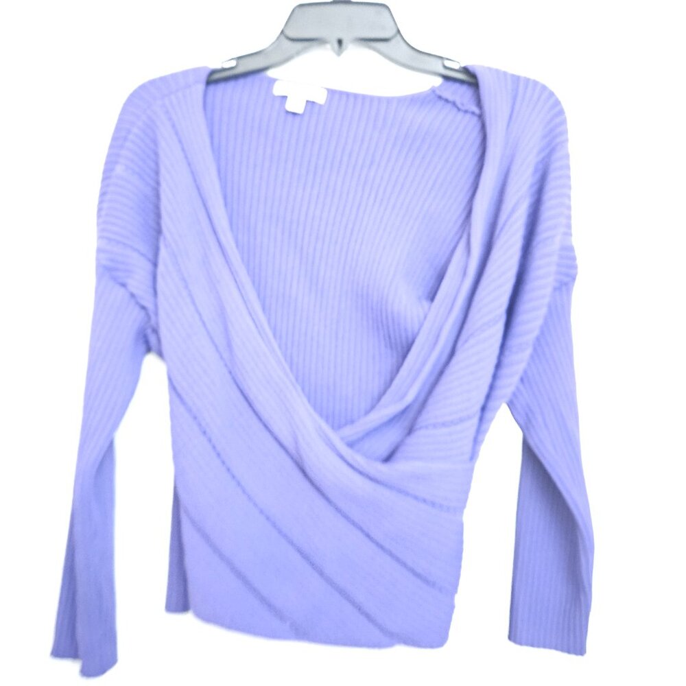 Eva Mendes Sexy V Neck purple ribbed cropped wrap sweater top XL - Picture 4 of 6
